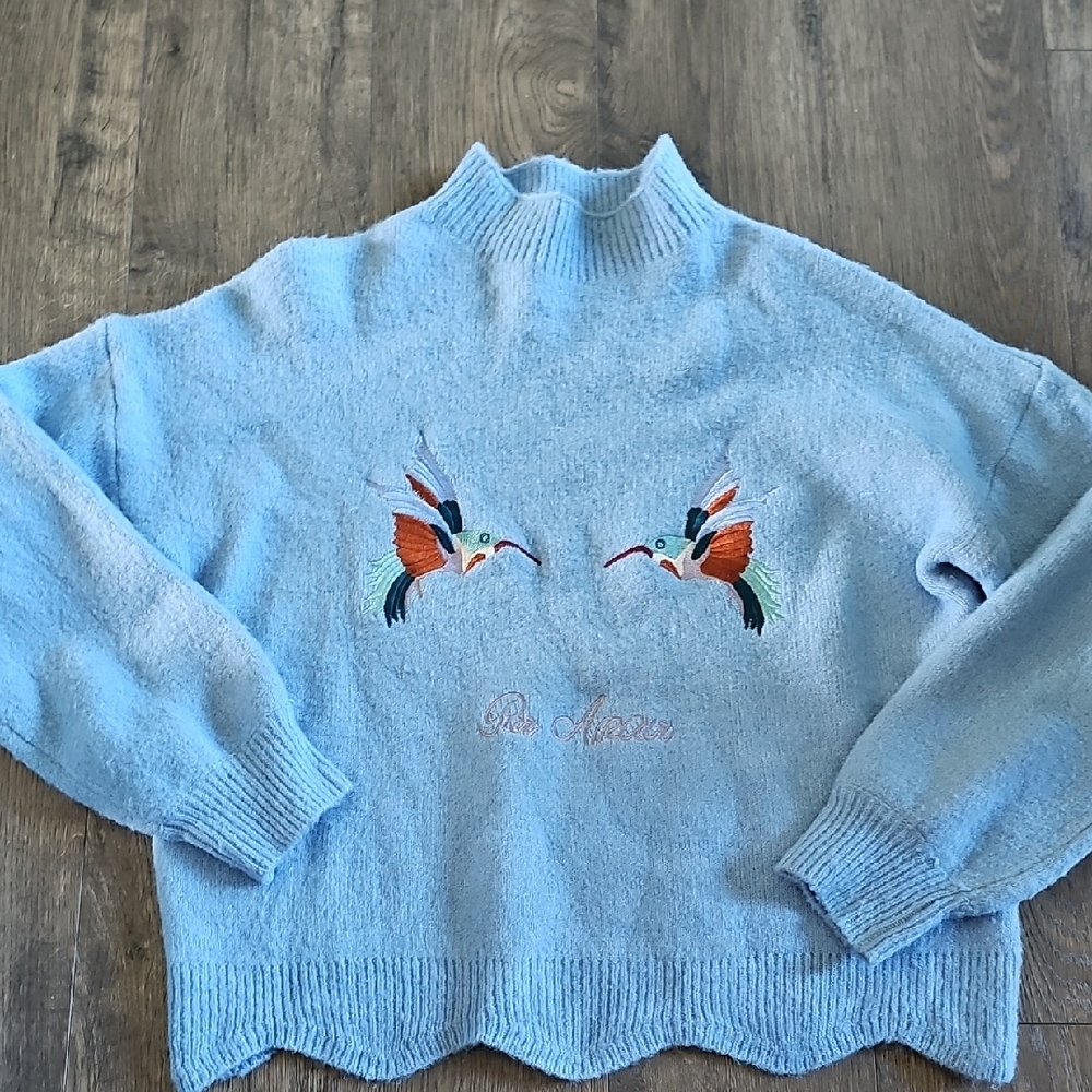 Code X Mode Bird Sweater Embroidered Mock neck Blue Women Large Stretch